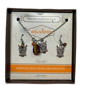 Owls Tigers Eye Necklace Earrings Pierced Silver Toned Wisdom Spiritual Vintage